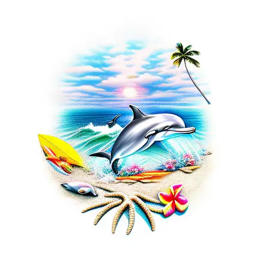  beach scene with a dolphin, Hawaiian flowers, and the Hindu goddess Kali subtly integrated into the sky tattoo design idea