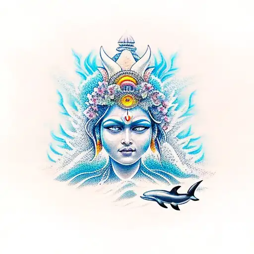  beach scene with a dolphin, Hawaiian flowers, and the Hindu goddess Kali subtly integrated into the sky tattoo design idea