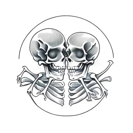 2 skeleton lovers hugging each other, church steeple with a cross, with flowers and eternal clock gothic style black and tattoo design idea