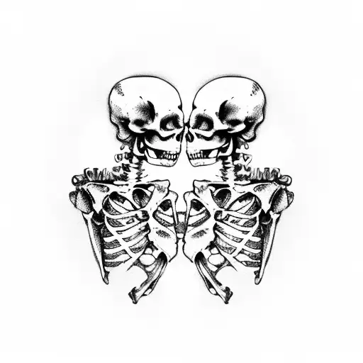 2 skeleton lovers hugging each other, church steeple with a cross, with flowers and eternal clock gothic style black and tattoo design idea