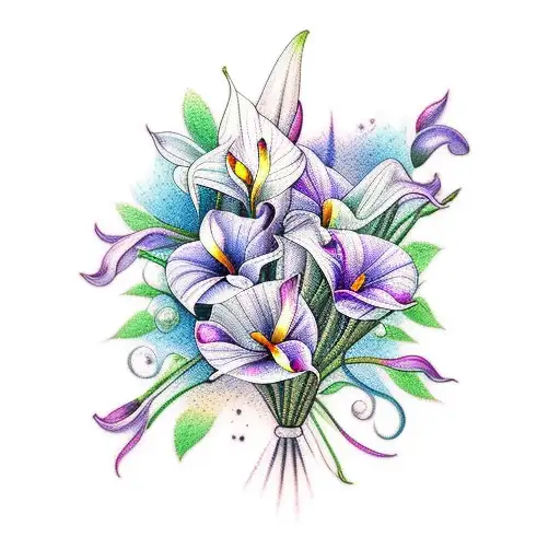 colour flower tattoo with cosmos, calla lily and aster flowers tattoo design idea