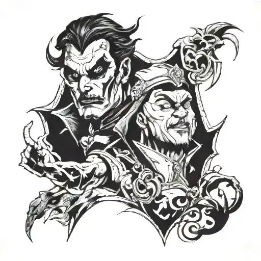 a tattoo in the very dark black and white style of the villain from DC universe and Marvel mix tattoo design idea