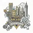 San Francisco landmarks and Las Vegas casino items tattoo design idea