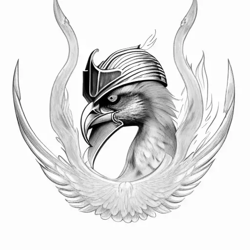 a Phoenix bird wearing a viking helmet in fire in war tattoo design idea
