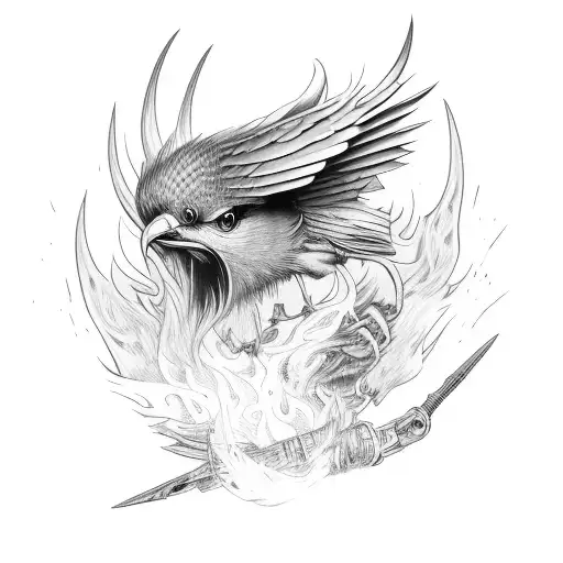 a midevil bird fighting in war and fire tattoo design idea