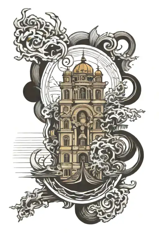 Odessa, opera house, sea in the circle of hands tattoo design idea