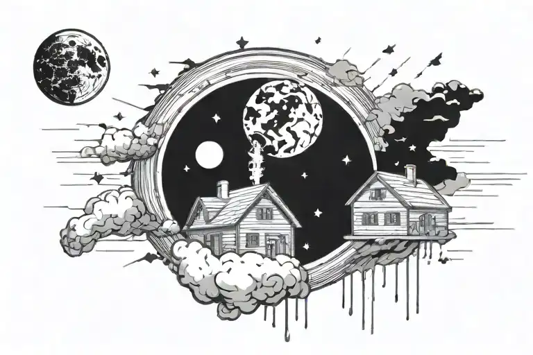 stripes in house style similar to a thunderstorm, in the center there is the planet Mars on the ring there is 1 quadrang tattoo design idea