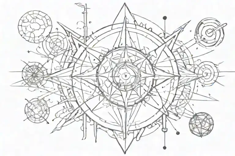 sketch of a tattoo on the theme of chaos in the center of which Mars has a quadrangular star on the ring tattoo design idea
