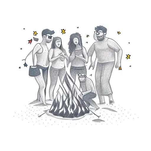 A group of friends huddled around a bonfire on the beach tattoo design idea