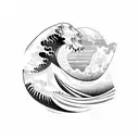 A majestic wave with a silhouette of a surfer riding it tattoo design idea