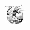 A majestic wave with a silhouette of a surfer riding it tattoo design idea