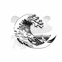 A majestic wave with a silhouette of a surfer riding it tattoo design idea