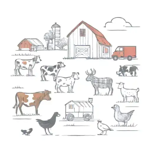  For a small leg tattoo featuring a barn, red truck, cows, chickens, ducks, and rabbits tattoo design idea