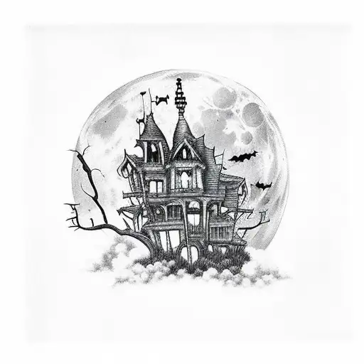 haunted house placed on clouds. there is a full moon at the top and the bats are flying, there is also some Halloween pu tattoo design idea