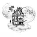 haunted house placed on clouds. there is a full moon at the top and the bats are flying, there is also some Halloween pu tattoo design idea