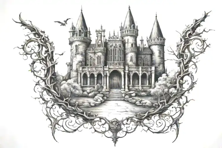gothic and dark castle tattoo design idea
