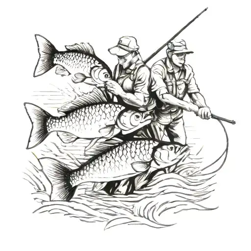 father and son fishing scene carp tattoo design idea