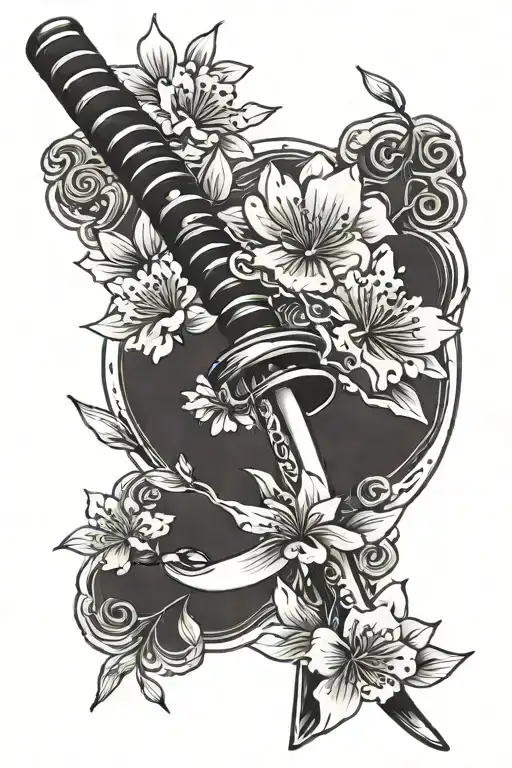 small katana and Sakura blossom tattoo design idea