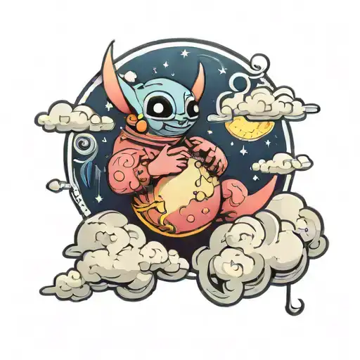 Clouds and a moon with stitch holding tattoo design idea