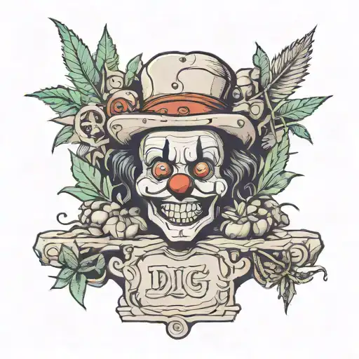 A detailed archaeological dig site with marijuana plants growing around the excavation area, and a mysterious clown face carved into a stone tablet tattoo design idea