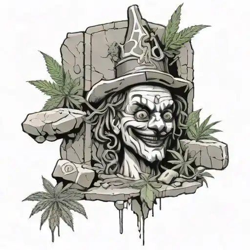 A detailed archaeological dig site with marijuana plants growing around the excavation area, and a mysterious clown face carved into a stone tablet tattoo design idea