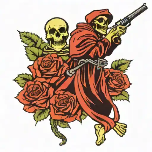 skeleton wearing robe, emerging from a rose shooting shotgun upward wrapped up in snake tattoo design idea