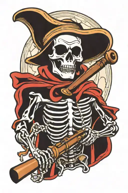 Death with a shotgun, simple line art, American traditional tattoo style, retro, sailor Jerry style, skeleton with robe  tattoo design idea