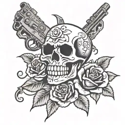 Grateful Dead skull and rose with gun tattoo design idea