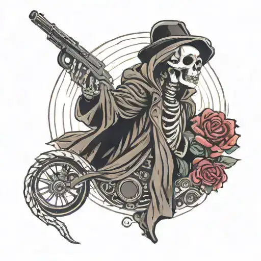 simple, raw, old school looking skeleton wearing robe, emerging from a rose shooting shotgun upward wrapped up in snake tattoo design idea
