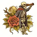 skeleton wearing robe, emerging from a rose shooting shotgun upward wrapped up in snake tattoo design idea