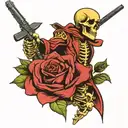 skeleton wearing robe, emerging from a rose shooting shotgun upward wrapped up in snake tattoo design idea