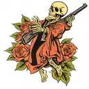skeleton wearing robe, emerging from a rose shooting shotgun upward wrapped up in snake tattoo design idea