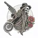 simple, raw, old school looking skeleton wearing robe, emerging from a rose shooting shotgun upward wrapped up in snake tattoo design idea
