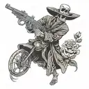 simple, raw, old school looking skeleton wearing robe, emerging from a rose shooting shotgun upward wrapped up in snake tattoo design idea