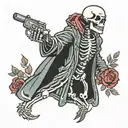 simple, raw, old school looking skeleton wearing robe, emerging from a rose shooting shotgun upward wrapped up in snake tattoo design idea