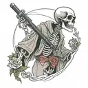 simple, raw, old school looking skeleton wearing robe, emerging from a rose shooting shotgun upward wrapped up in snake tattoo design idea