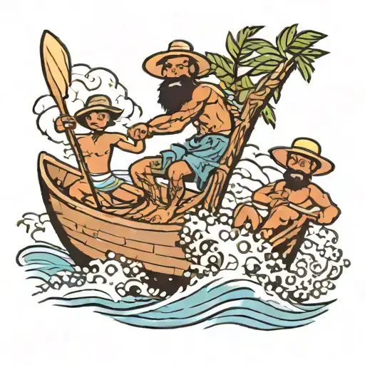 bearded father with two boys and his wife in an outrigger canoe surfing a wave with crooked coconut tree in the cene tattoo design idea