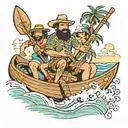 bearded father with two boys and his wife in an outrigger canoe surfing a wave with crooked coconut tree in the cene tattoo design idea
