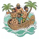 bearded father with two boys and his wife in an outrigger canoe surfing a wave with crooked coconut tree in the cene tattoo design idea