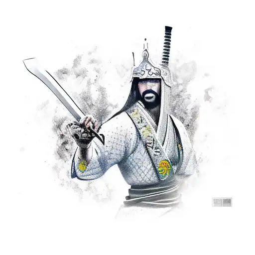 samurai com uma espada na mao enquanto esta em chamas vermelhas tattoo design idea