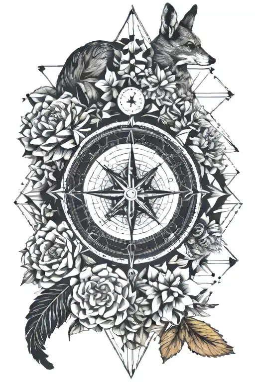 geometric incorporating flower, animals, time, compass, travel  tattoo design idea