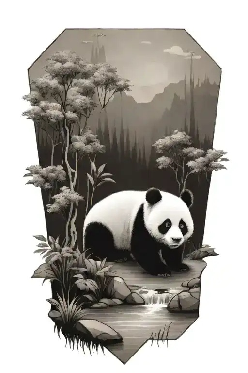 landscape in a triangle with a river horizontally trees a baby panda tattoo design idea