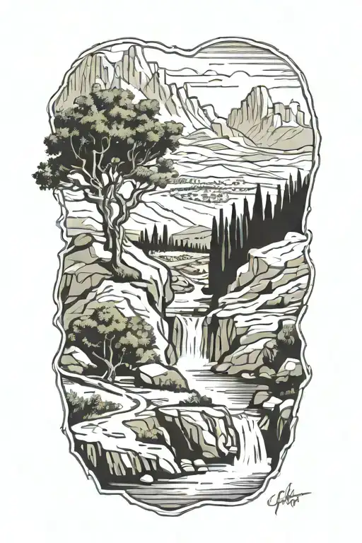 Mountain and river with and olive tree branchand a water well  tattoo design idea