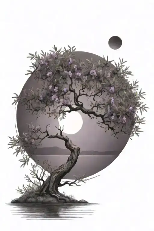 an olive tree near the water with the moon and purple flowers tattoo design idea