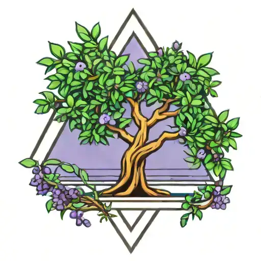 a olive tree and a well water in a triangle outline intertwined with a flower violet tattoo design idea