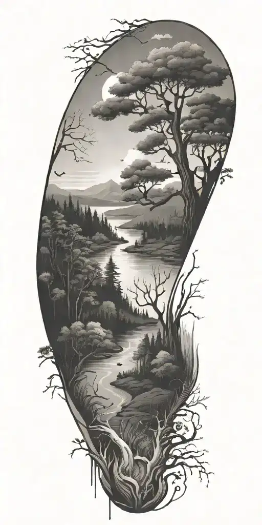 a nature scene featuring elements like trees sunset river and video games  tattoo design idea