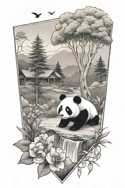 landscape in a triangle with a horizontal river, tall trees, a baby panda and violets tattoo design idea