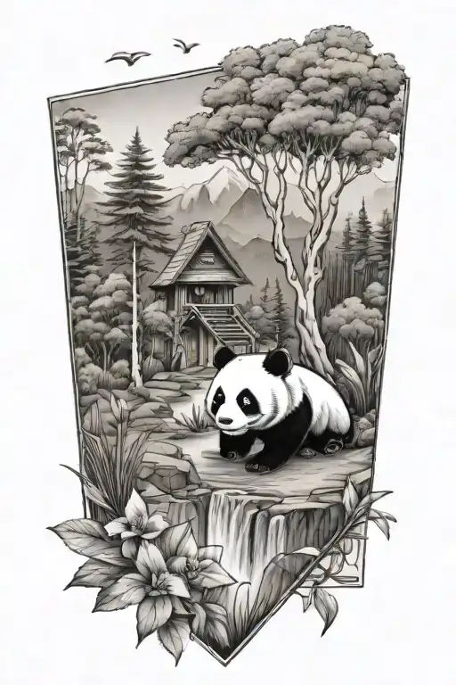 landscape in a triangle with a horizontal river, tall trees, a baby panda and violets tattoo design idea