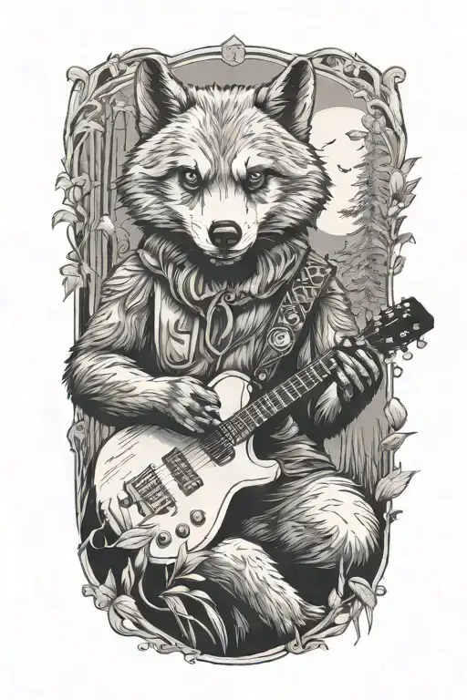 a nature scene featuring wolf panda playing a guitar tattoo design idea