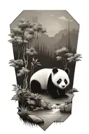 landscape in a triangle with a river horizontally trees a baby panda tattoo design idea